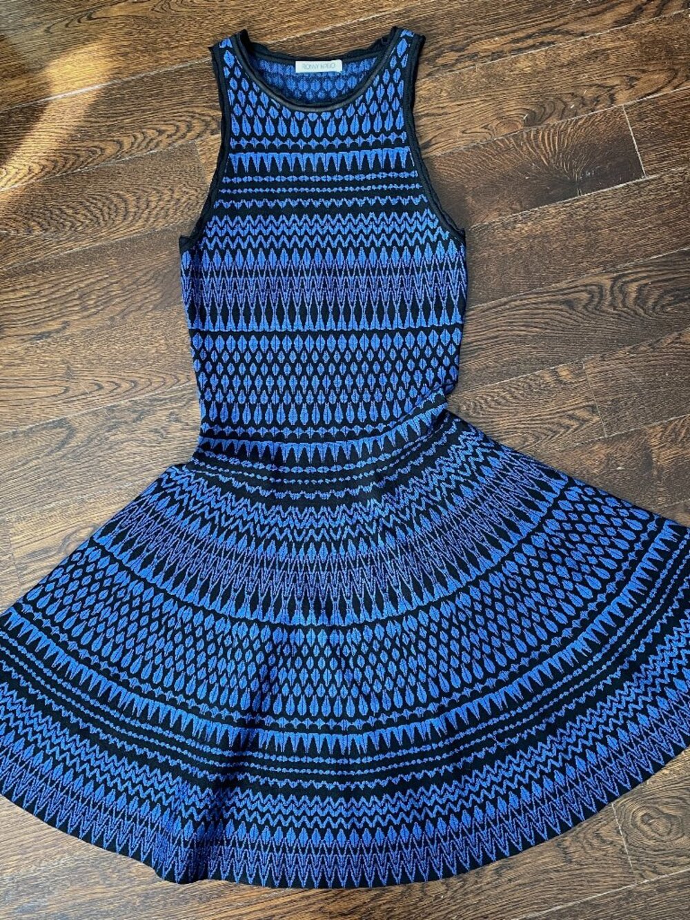 Gorgeous Ronny Kobo Sleeveless Skater Knit Dress Blue/Black-Small